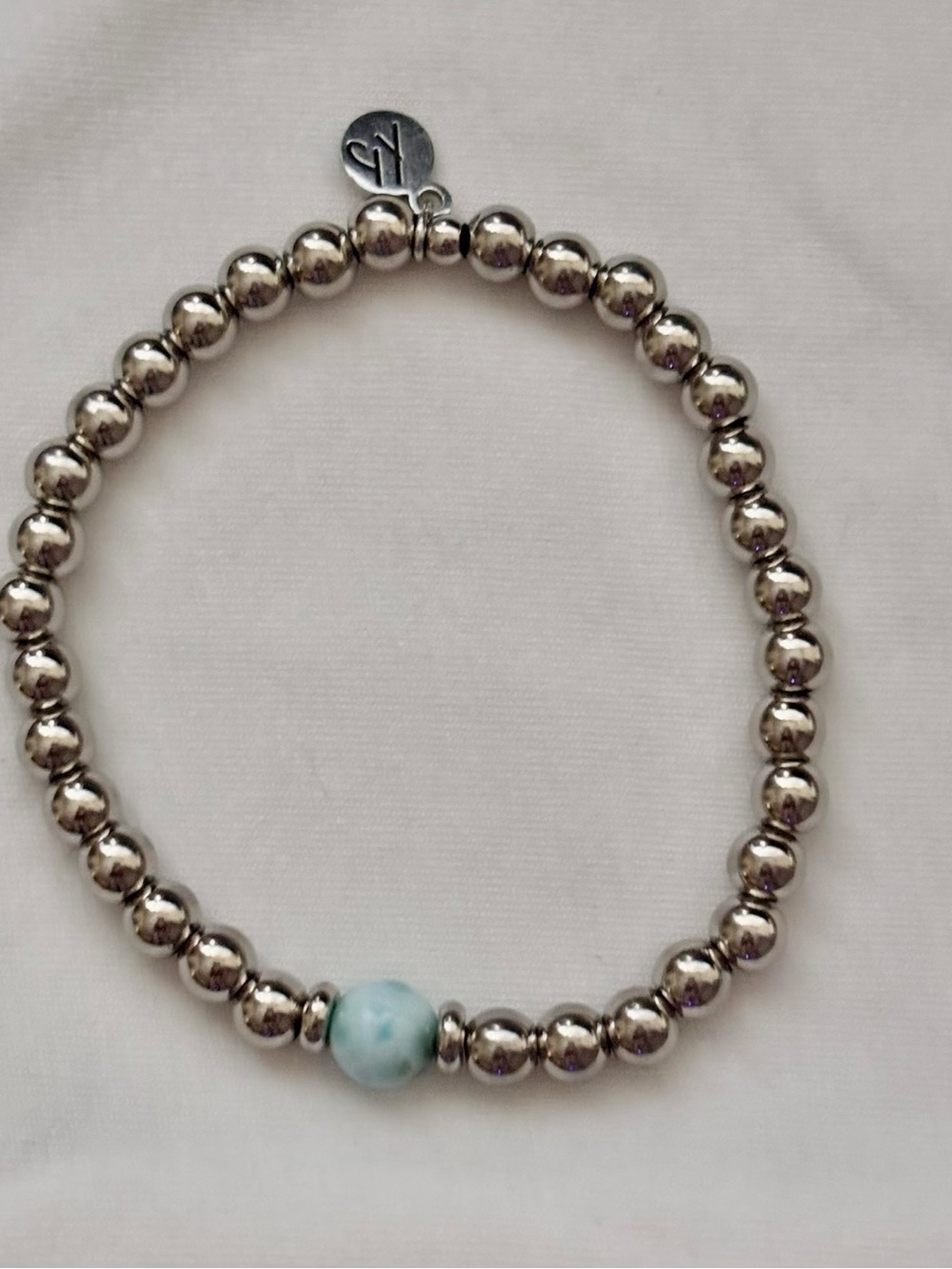 Silver Beaded Bracelet with Light Blue Accent Bead - Women Jewelry
